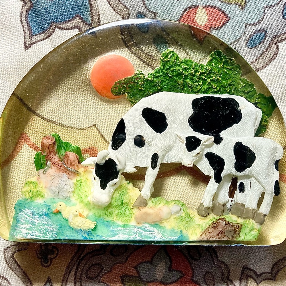 Handcrafted Cow Family Resin Art - White with Black Spots